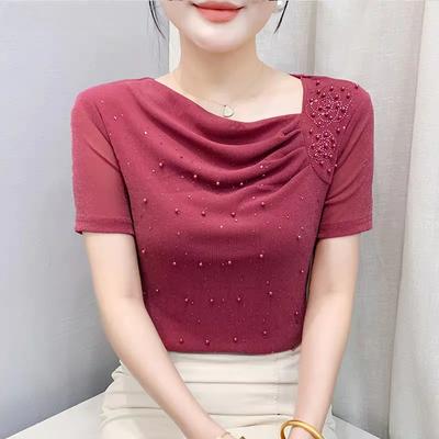 Sommer Damen Luxus Hot Diamonds T-Shirt Chic Schräger Ausschnitt Kurzarm T-Shirts Damen Elastisches Mesh Perlen Sexy Tops und T-Shirts