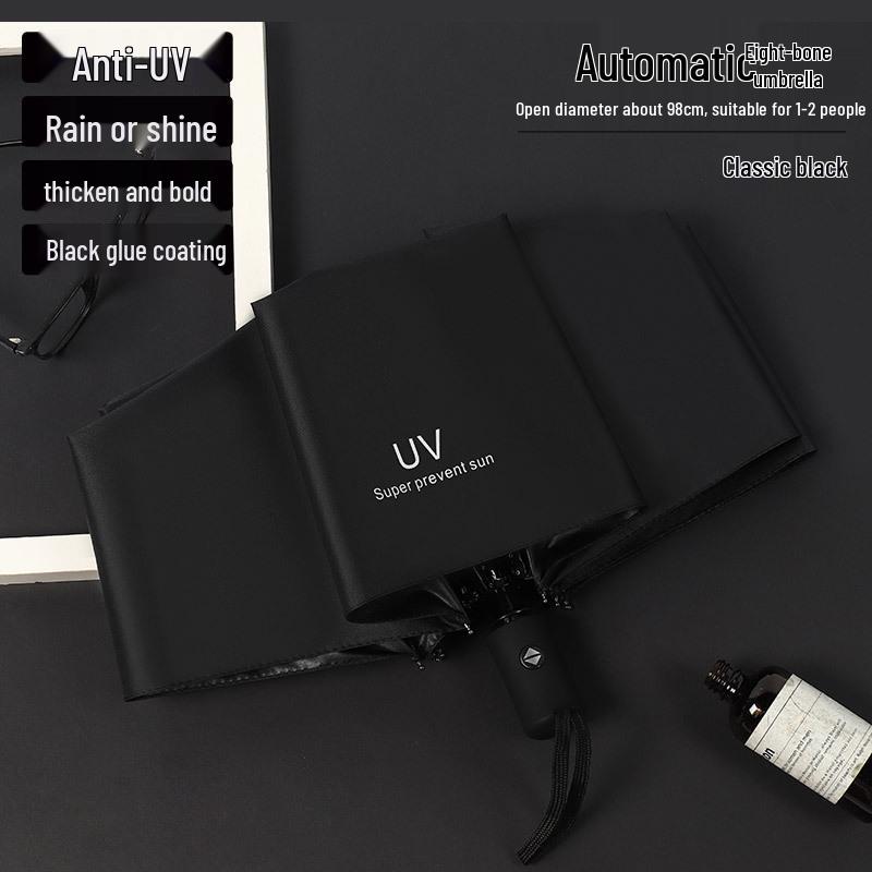 Zakázkový UV černý lepicí deštník proti slunci a dešti – Dámský třídílný design s potiskem loga.