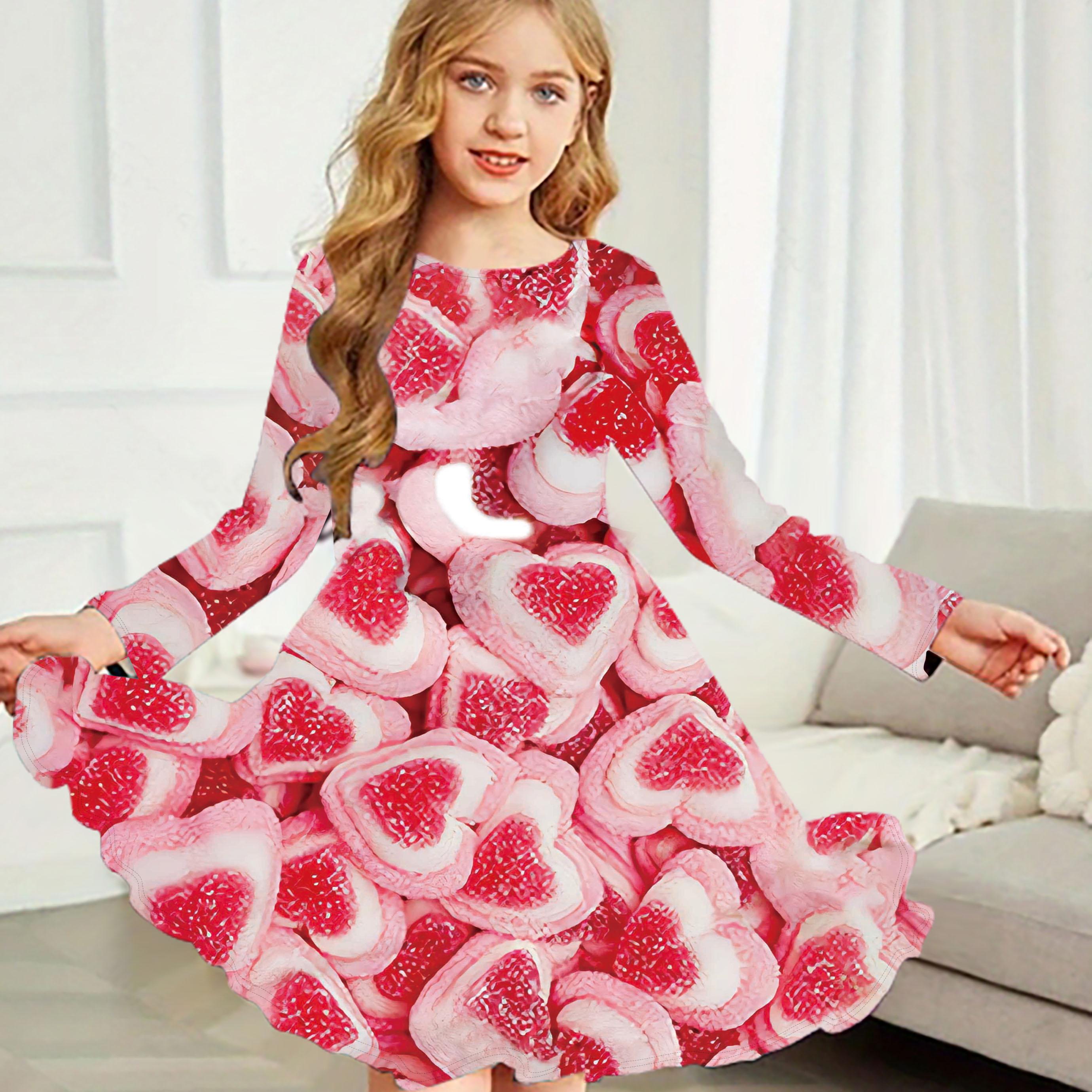 

Повсякденне плаття з цукерковим принтом і круглим вирізом з довгими рукавами. Дитяча сукня принцеси 130 рожевий