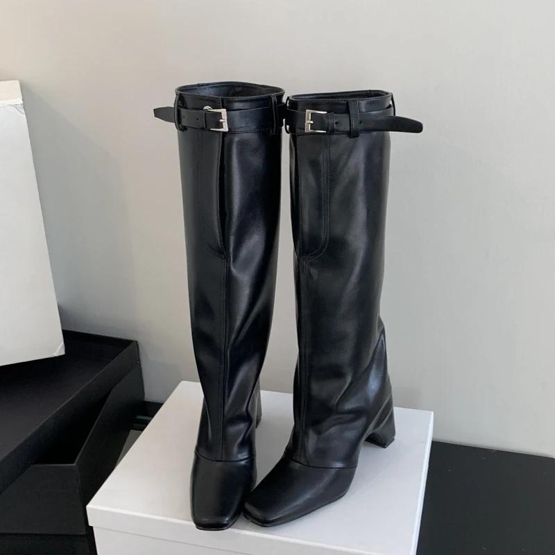 Fashion Eilyken New Winter Street Style Belt Buckle Strap Knee-High Women Boots Square High Heels Booties Stripper Pumps Shoes