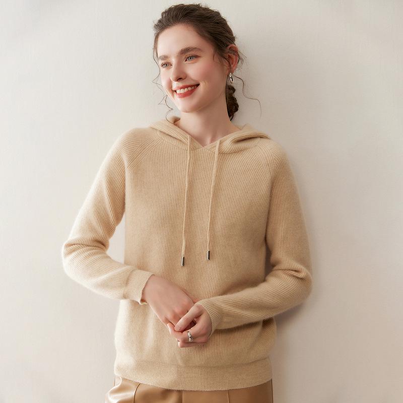Women's Cashmere Drawstring Hoodie: Autumn & Winter Long Sleeve Knit Sweatshirt
