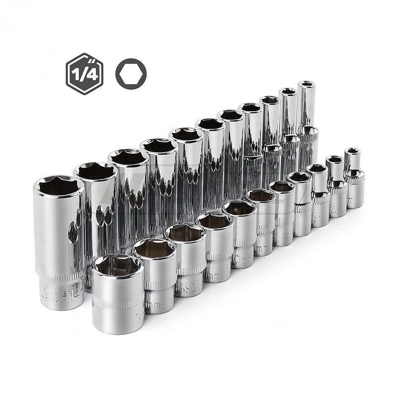 13pcs Short/11pcs Deep Hi-Spec 11pc 1/4  Socket Set Adapter Short Long Sockets 4-14mm Deep Socket Tool Heads Torque Spanner Ratchet Socket Wrench