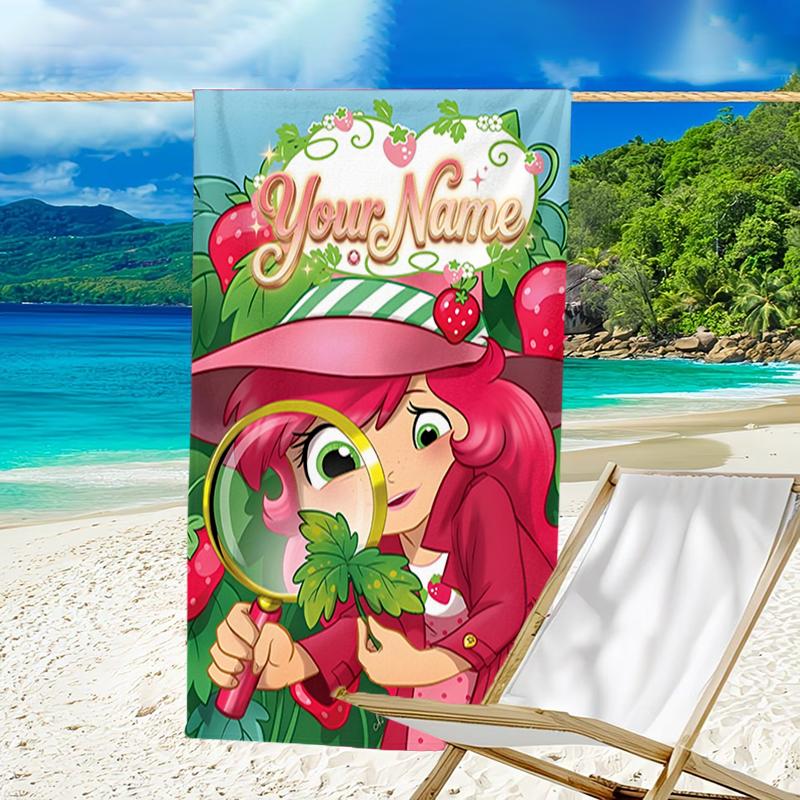 1pc Princess Strawberry Beach Towel with Custom Name, Beach and Seaside Swimming Pool Equipment, Fashion Pattern, Rectangular, Travel Essential