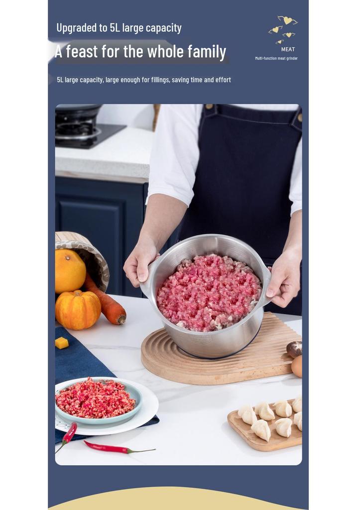 110V Stainless Steel Meat Grinder & Multifunctional 5L Food Processor: Mincer, Garlic Masher, Dough Kneader for Home Use