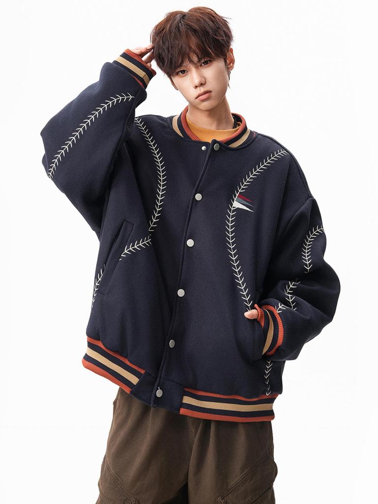 Guochao Vintage Woll-Baseballjacke mit Stickerei für Damen & Herren - Schweres Retro-Modell für Herbst/Winter 2025