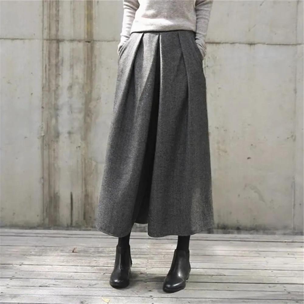 Loose Woolen Wide Leg Skirts Pants Women Pleated Casual Pants Winter Autumn Straight Trousers Elastic High Waist Fat Leg Pants
