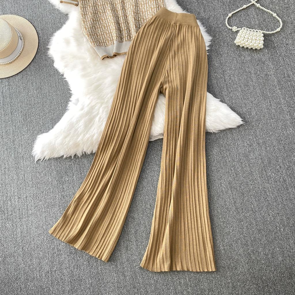 Summer Women Designer Print Knitted Sweater Trouser Two Piece Set Short Sleeve Pullover Tops and Wide Leg Pleated Pant Set