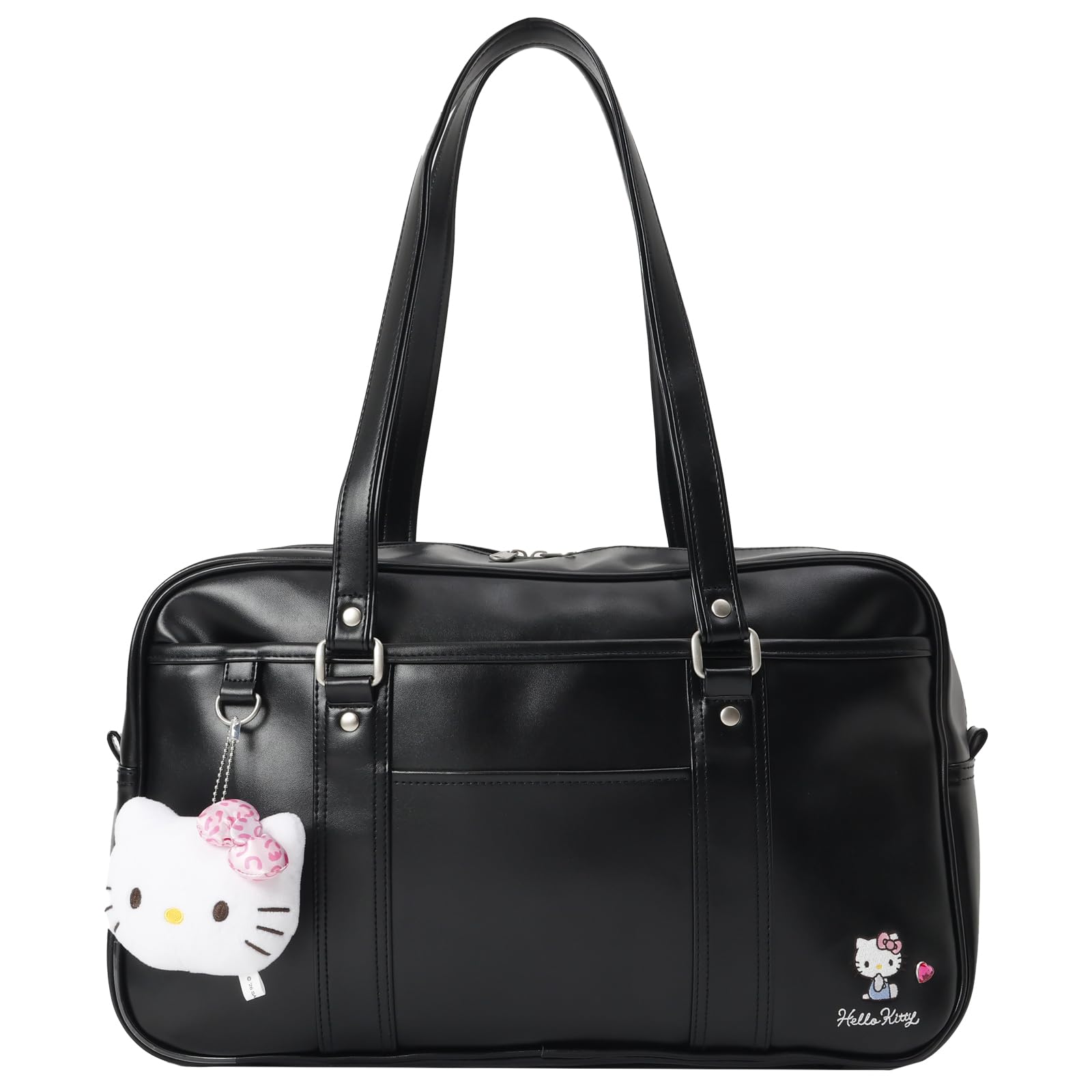 Faux Leather Plush Pouch Included School Boston Bag [Sanrio] (Hello Kitty/Black)
