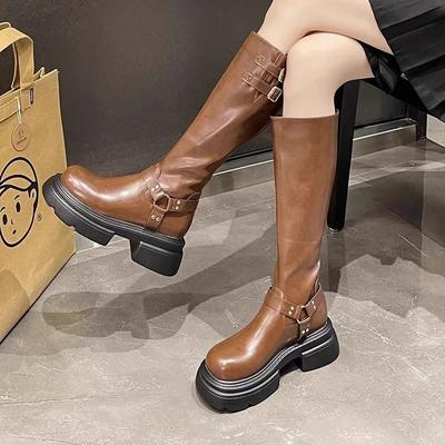 Mode Herbst Neu Koreanische Version Dicker Absatz Leder Gürtelschnalle Knielange Lange Stiefel für Damen, Mode Schlankmachende Mittelhohe Reiterstiefel