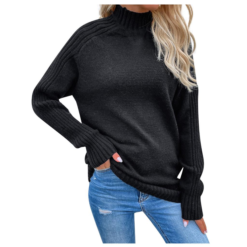 Women Casual Solid Color Pullover High Neck Long Sleeve Sweater Top