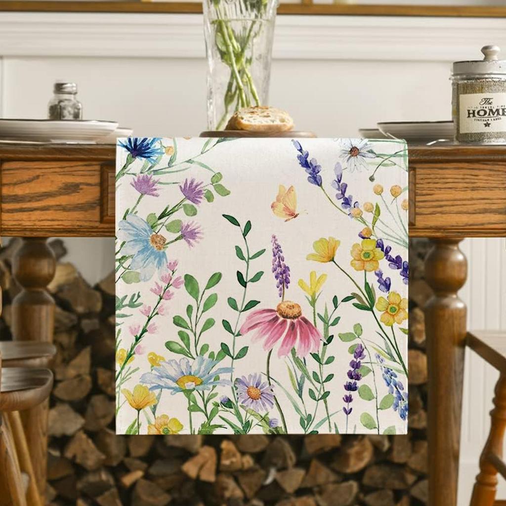 Daisy Eucalyptus Lavender Floral Leaves Summer Table Runner Spring Kitchen Dining Table Decoration for Home Party Decoration
