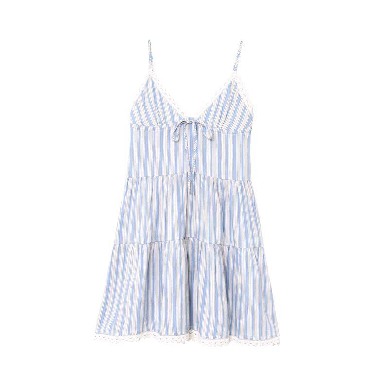 

Kaslead New Women clothes Western Style Fashion Patchwork Lace Contrast Color Stripe V-neck Sling Dress Image color L