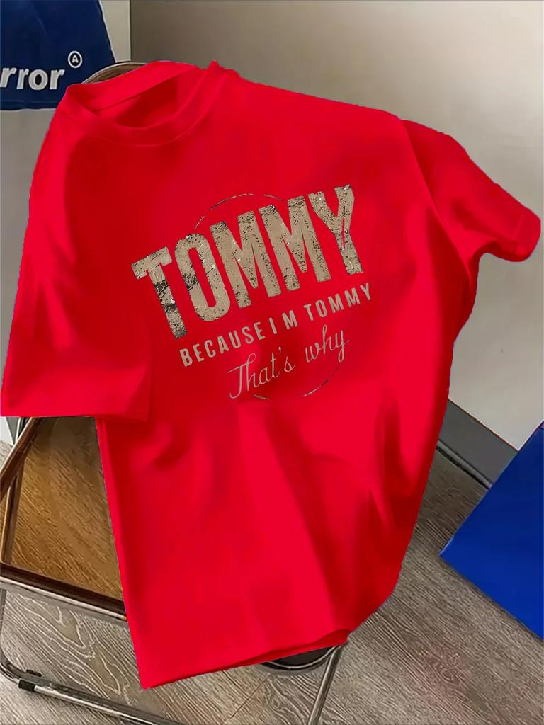 Summer 2025 TOMMY English Print Men's Pure Cotton Short-sleeved T-shirt, High-end Luxury Brand Y2k Streetwear Top