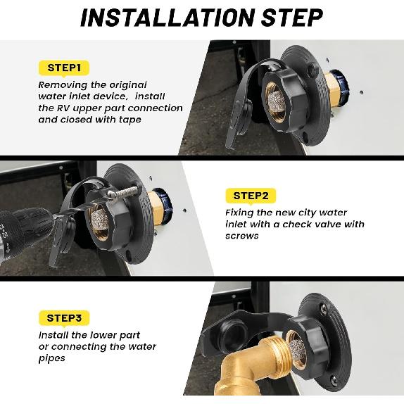Oyviny RV City Water Inlet With Check Valve, Lead-Free Brass RV Fresh Water Inlet 3/4 NH Female To 1/2 NPT Male Connection, Water Fill Inlet Flange