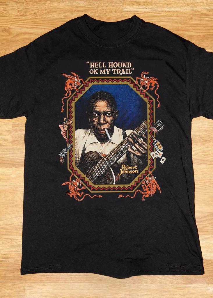 VTG Robert Johnson Hellhound on My Trail Cotone Nero T-Shirt S-5XL MC439 T-Shirt Unisex