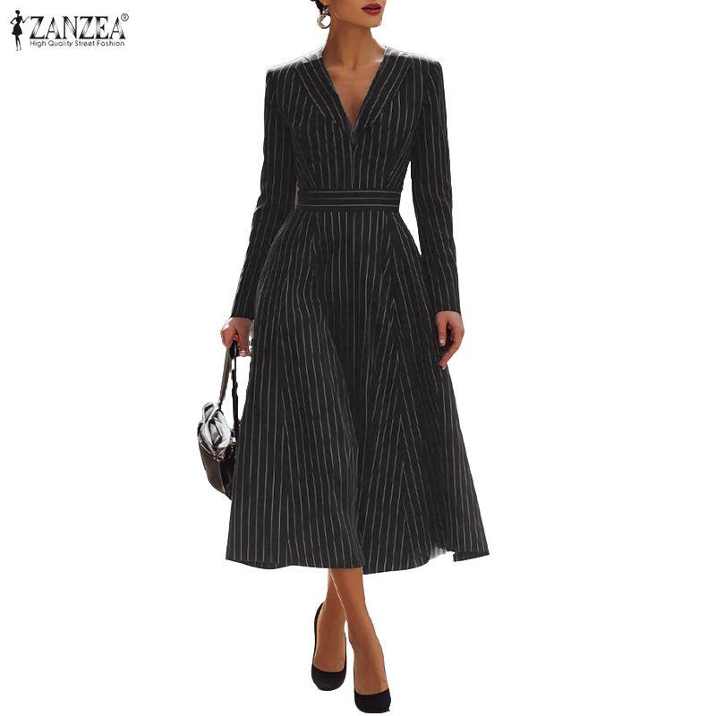 ZANZEA Women Elegant Casual V-neck Long Sleeve Stripe Dress