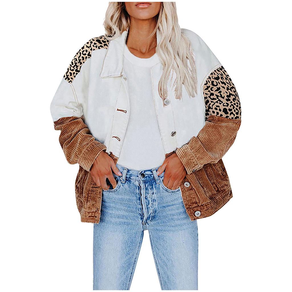 Fashion Women's Loose Lapels Long Sleeves Leopard Print Corduroy Patchwork Shirt Button Tops