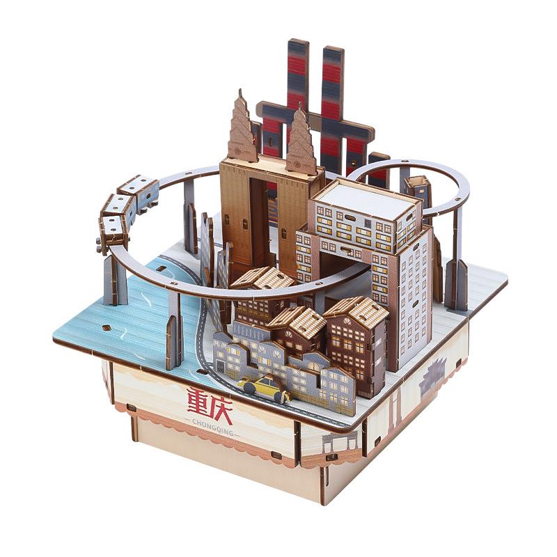 Landmark City Rotating Wooden Music Box DIY Birthday Gift