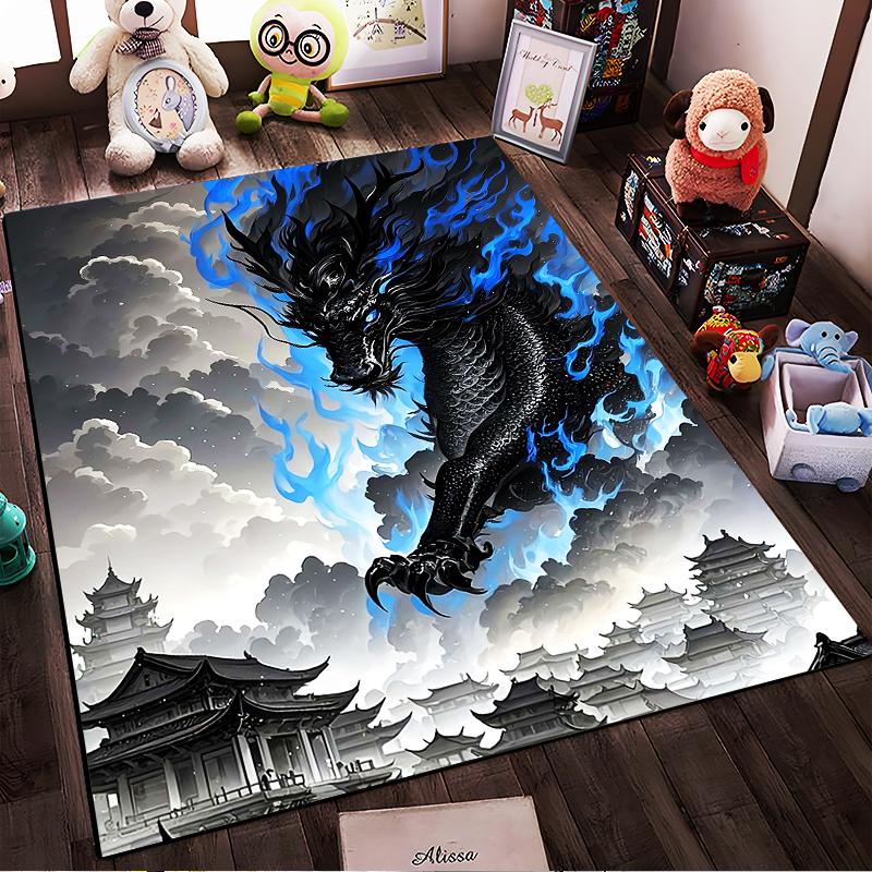 Black Dragon with Blue Flames and Chinese Temple Design Carpet Suitable for use as an anti-slip for living room bedroom sofas