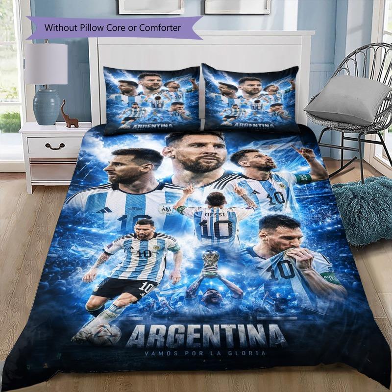 Lionel Messi GOAT Argentina No.10 Green Grass Print 3Pcs Bedding Set Without Pillow Core Washable Microfiber Football Fan Bedroom Duvet Cover Set