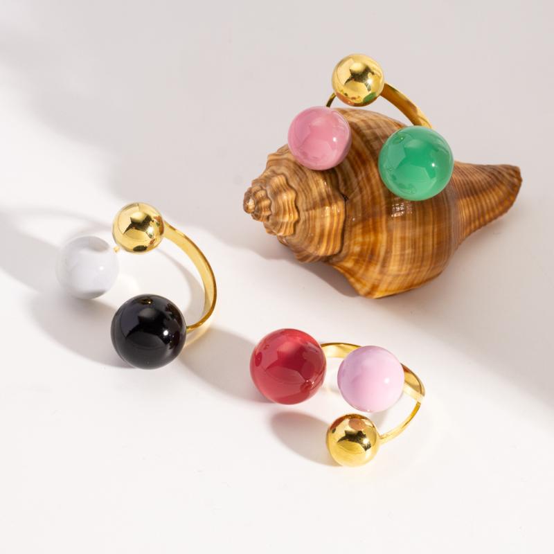 Geometric Spherical Stainless Steel Gold Plated Trendy Open Ring For Women Featuring Three Colorful Enamel Droplet-Shaped Rings