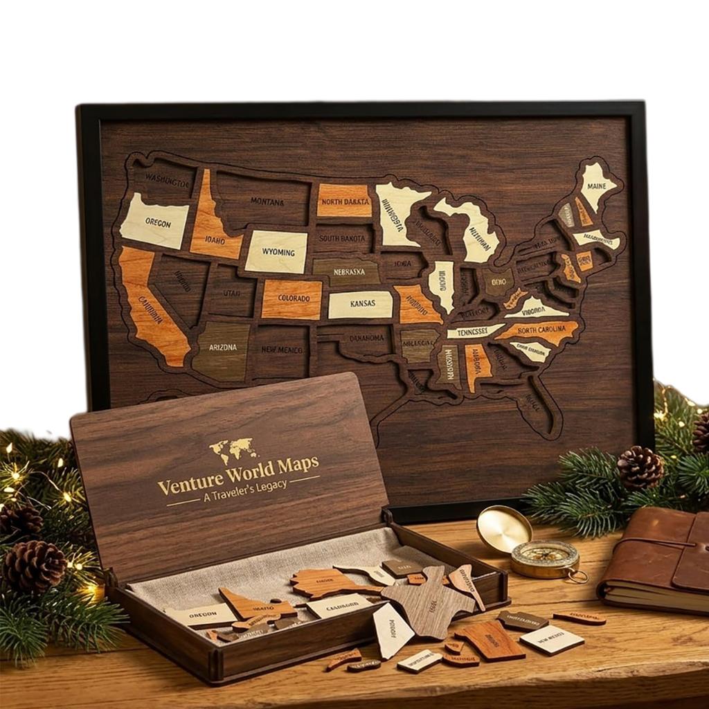 50Pcs Wooden USA Geography Puzzles with Elements Sticker Travel Learning Jigsaw for Traveling Home Classroom Wall Art Home Decor