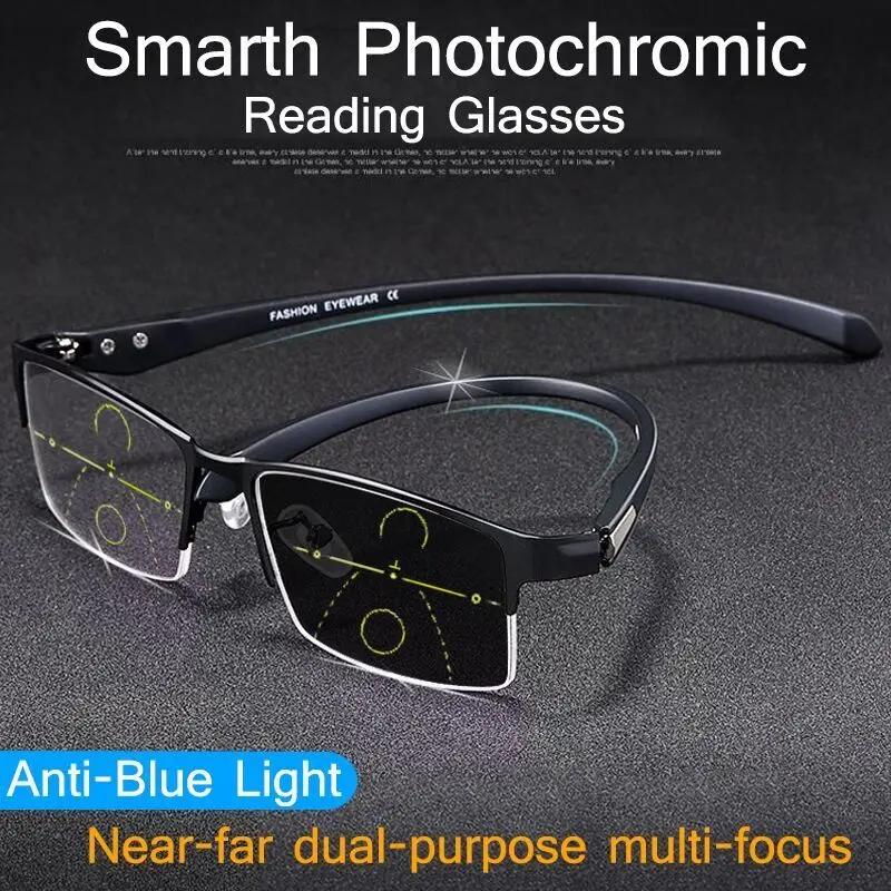 Titanium Multifocal Photochromic Reading Glasses Men  Progressive Bifocal Anti Blue Light Uv Protective Presbyopic Glasses