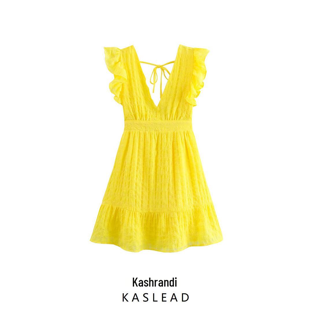 

2025 Spring Women s European & American Style Fashionable Short Solid Color Lace-up Dress L жовтий