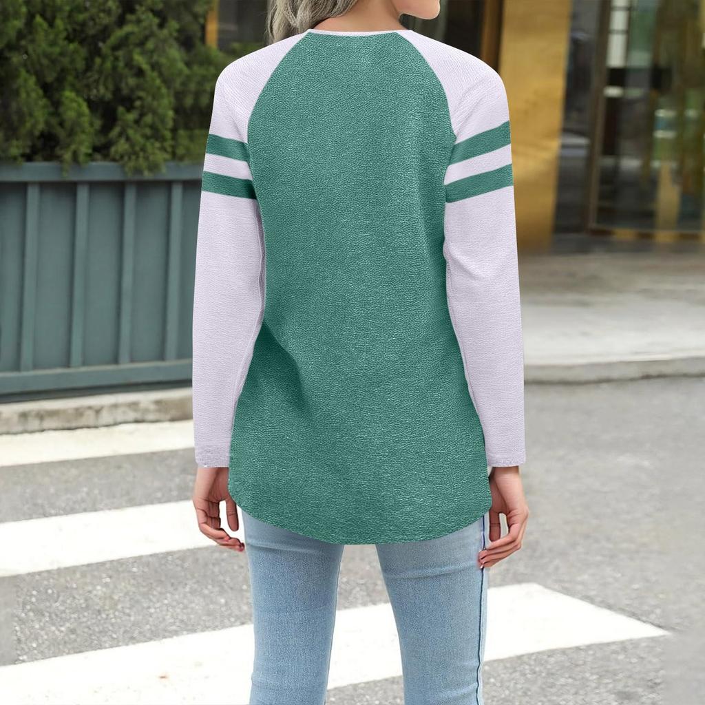 Top casual de damă la modă, cu mânecă lungă, cu dungi, cu gât rotund, colorblock