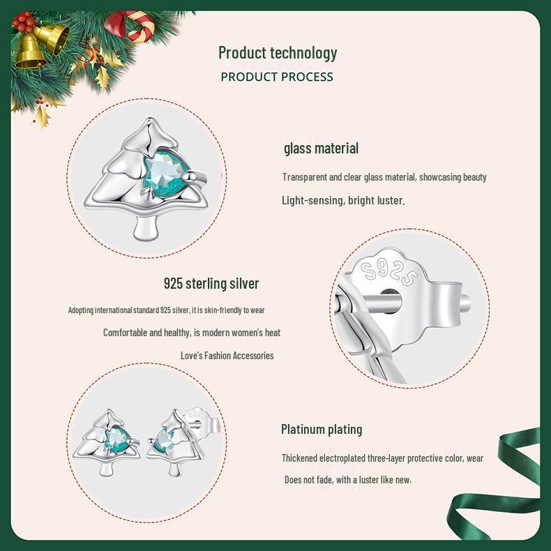 Everle Christmas Tree Stud Earrings, S925 Sterling Silver, Rhodium Plated Holiday Jewelry