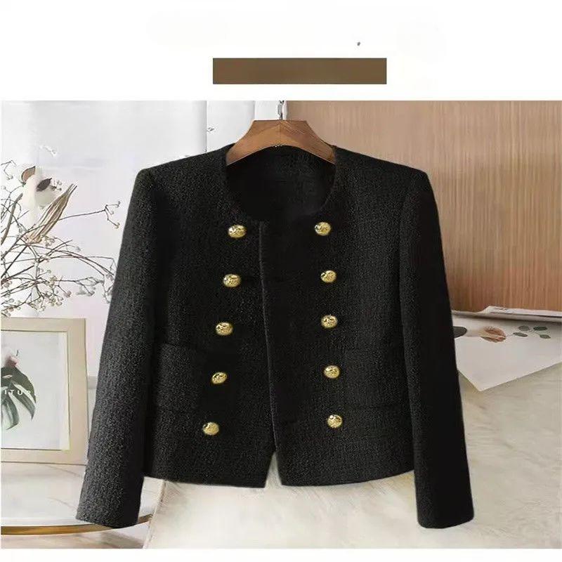 Sophisticated and Cute Round-necked Short Jacket with Double-breasted Buttons
