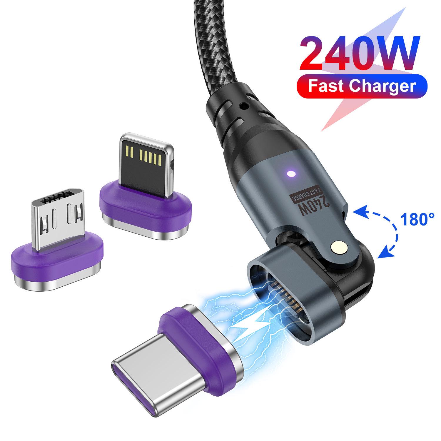 

Магнитный кабель USLION 240 Вт USB-C to C для быстрой зарядки ноутбуков и мобильных телефонов 240W black cable + (Android + TC + Apple heads)