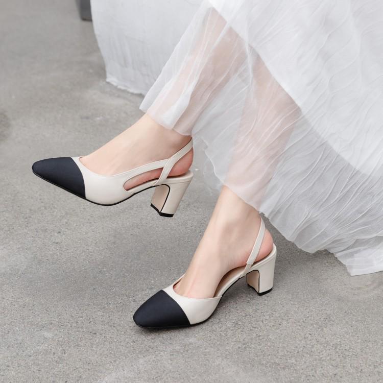 French Chunky Heel Color Block Backless Open Toe Sandals, Size 44, Women's Flats In Little Xiang Style.