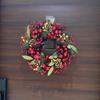 Handmade Christmas Wreath with Red Berries & Green Leaves on Steel Ring for Door Decoration