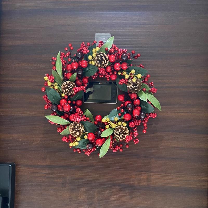Handmade Christmas Wreath with Red Berries & Green Leaves on Steel Ring for Door Decoration