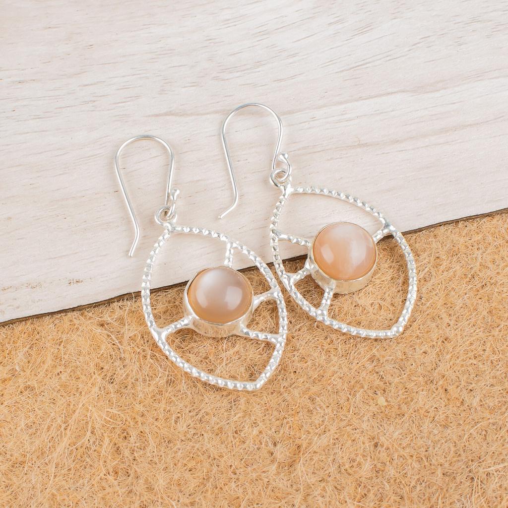 Peach Moonstone Gemstone 925 Sterling Silver Jewelry Handcrafted Earrings 2.00" EE-52-30