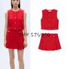 Spring NEW Round Neck Sleeveless Short Buckle Vest 87022531 Buckle Pleated Skirt 87032531