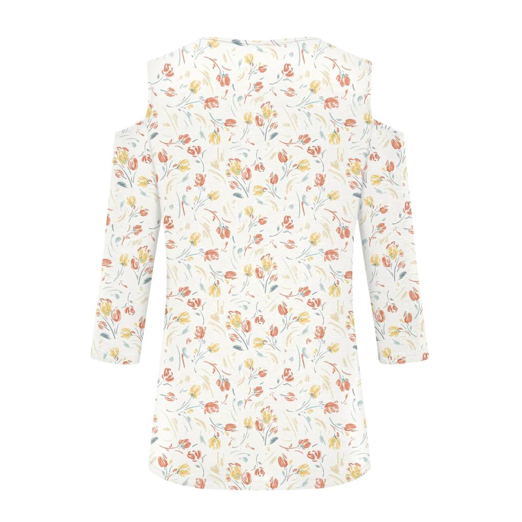 Women's Casual Shirt Blouse Print V-neck Sexy Cold Shoulder 3/4 Sleeve Top