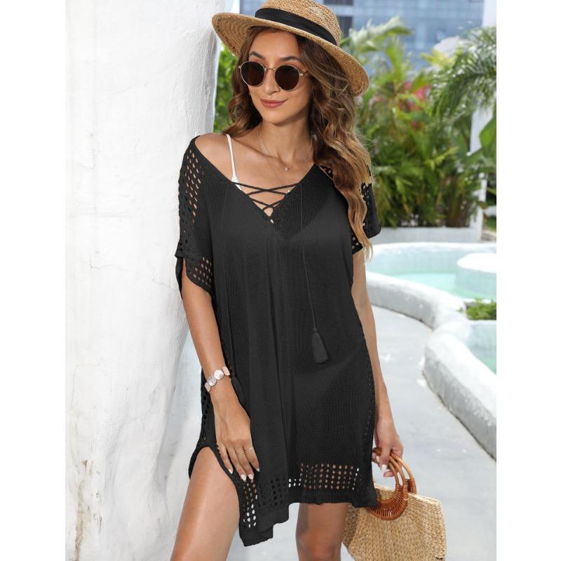 Plus Size Women's Summer Deep V Lace Up Woven Holiday Beach Bikini Smock Dress