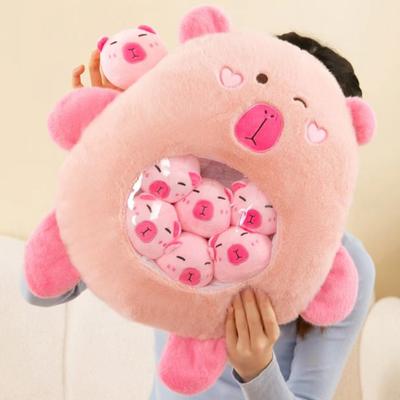 Capybara Plush Snack Bag Pad with Zipper Design Soft Stuffed Toy with 3-6 Mini Capybara Dolls Inside Transparent Abdomen Cute Hugging Pillow