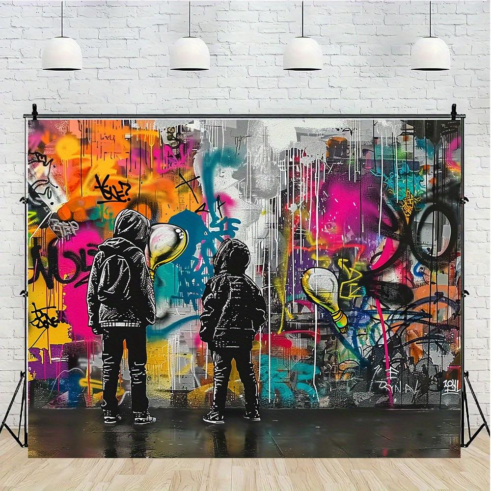 Flat banner featuring a background of urban graffiti murals made of polyester material.PMJ