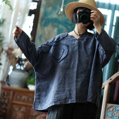Vintage Women Patchwork Floral T-Shirts Autumn V-Neck Bat Sleeve Loose Female T-Shirts