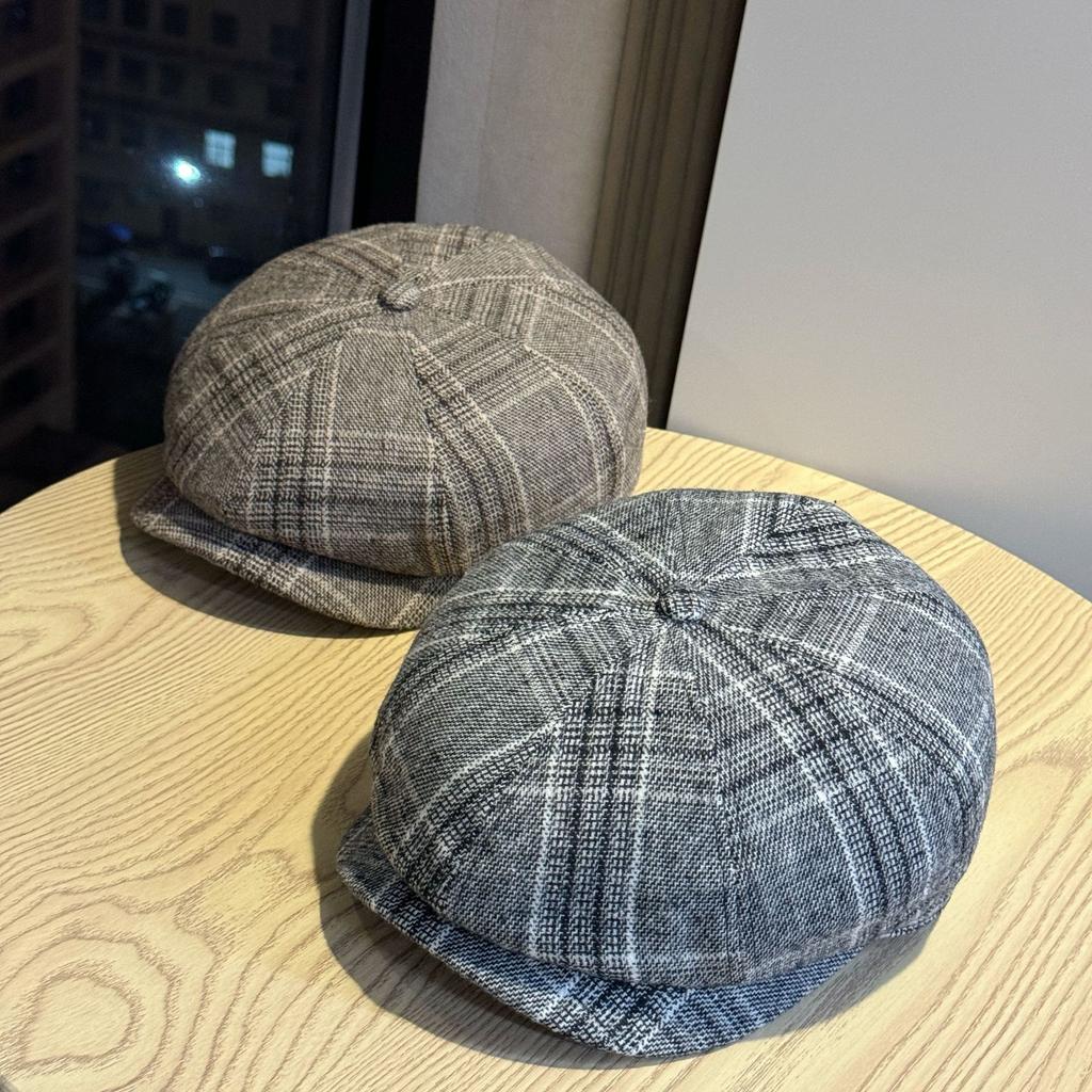New Style British Style Forward Hat British Beret Deep Brim Hat Showing Face Small Japanese Painter Hat Octagonal Hat Plaid Trend