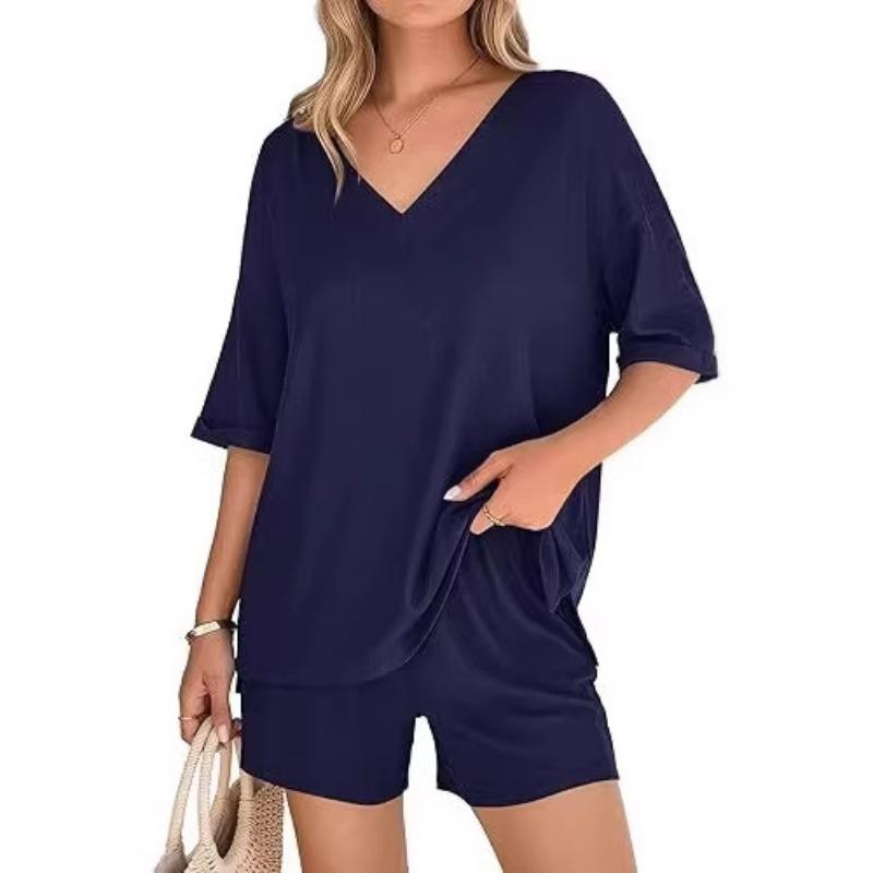 Women S V Neck Short Sleeve Top And Shorts Casual Set