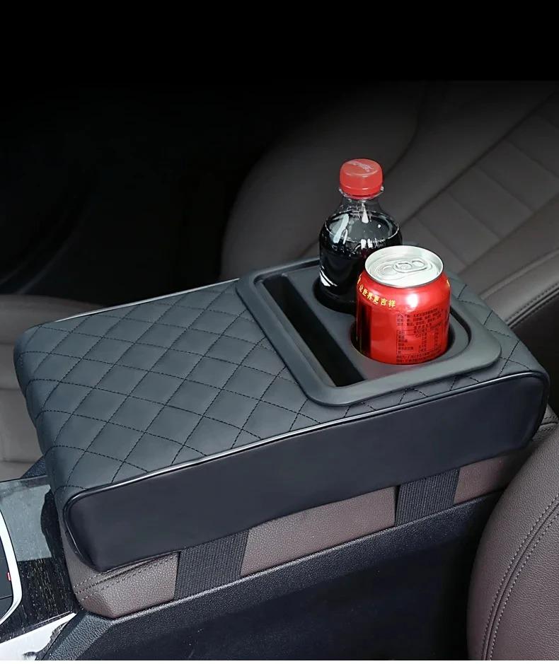 Car Armrest Cushion with 2 Cup Holders PU Leather Center Console Arm Rest Pad Portable Auto Pillow Heightening Cover Universal