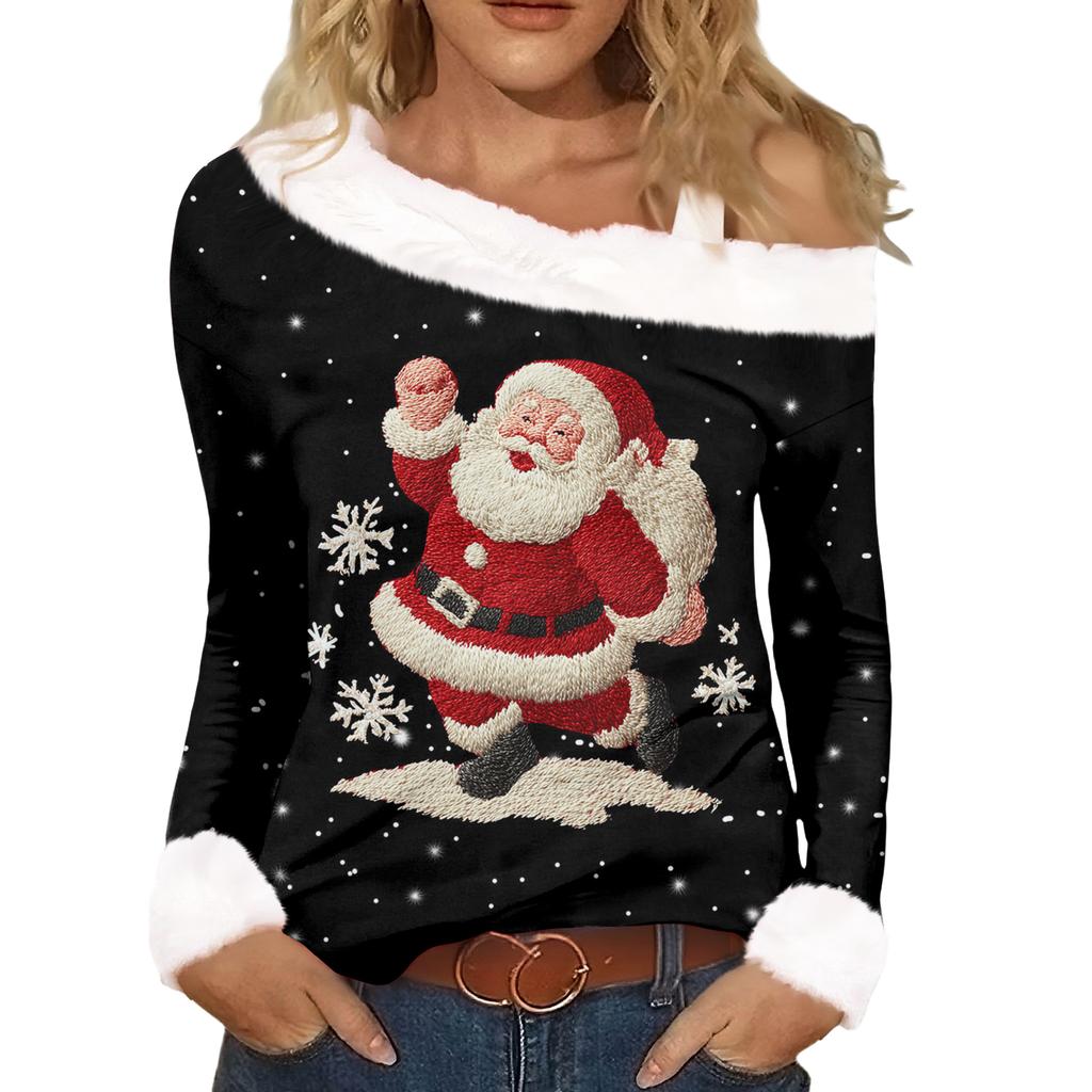 Women's Casual Fashion Sexy Off-Shoulder Collar Christmas Pattern Long Sleeve Crewneck T-Shirt Top