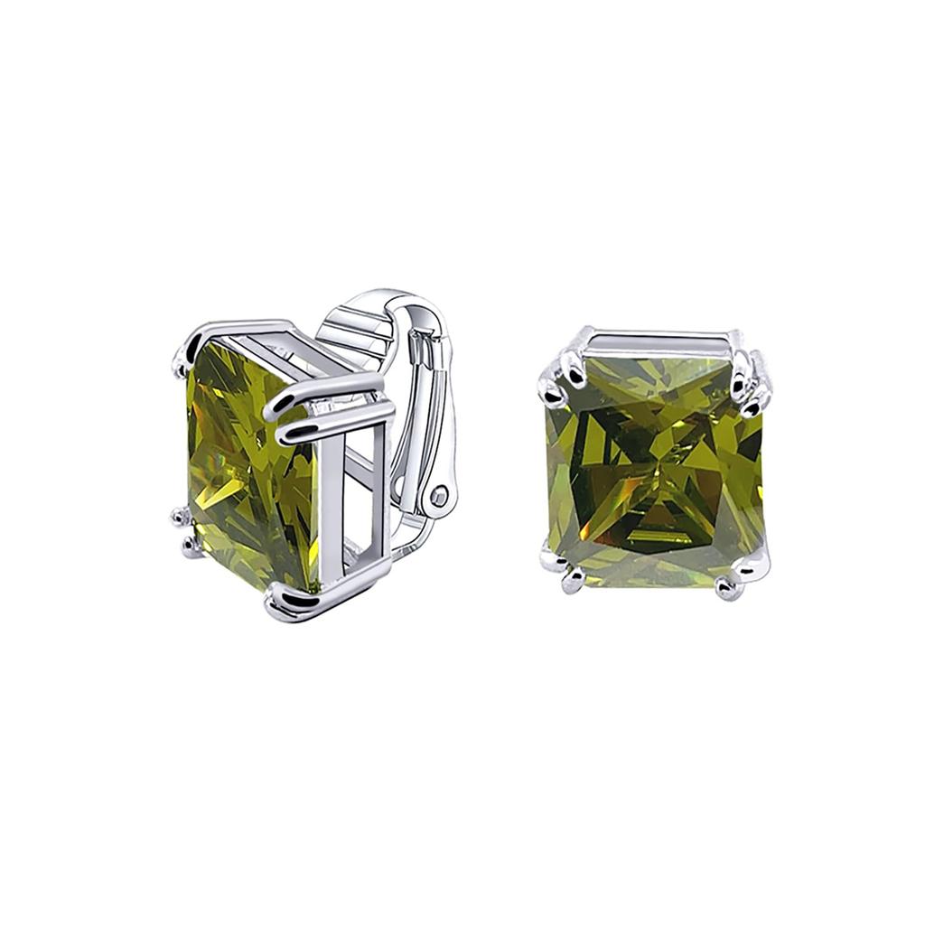 Traditional Classic Large Statement 7CT Emerald Cut Imitated Olive Green Peridot AAA CZ Solitaire Clip on Silver Plated 14MM Stud Earrings for Women