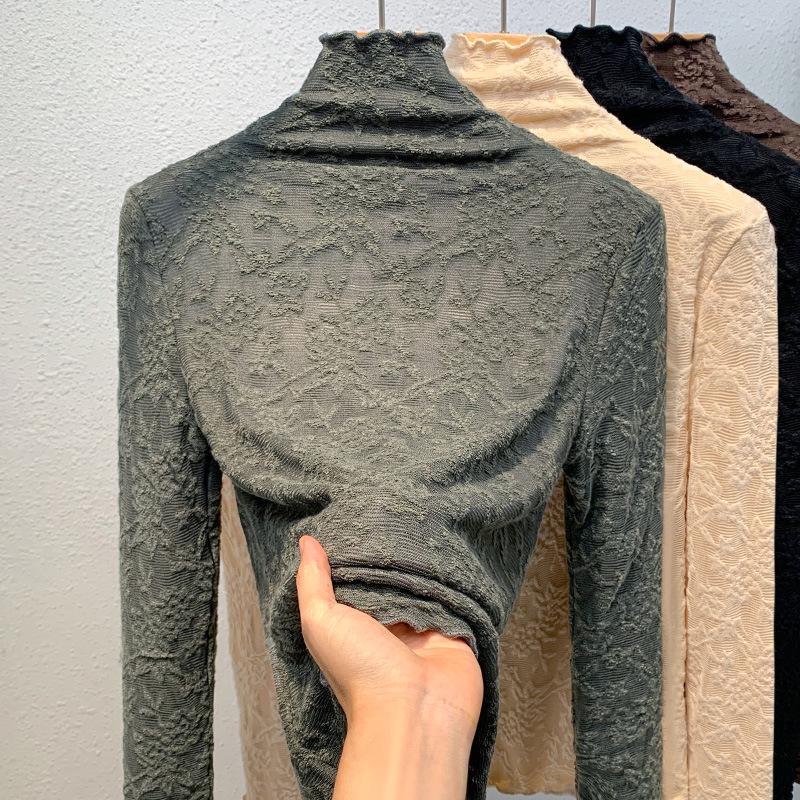 Women's Fashionable Semi-High Collar Lace Trim Shirt - Autumn/Winter Top
