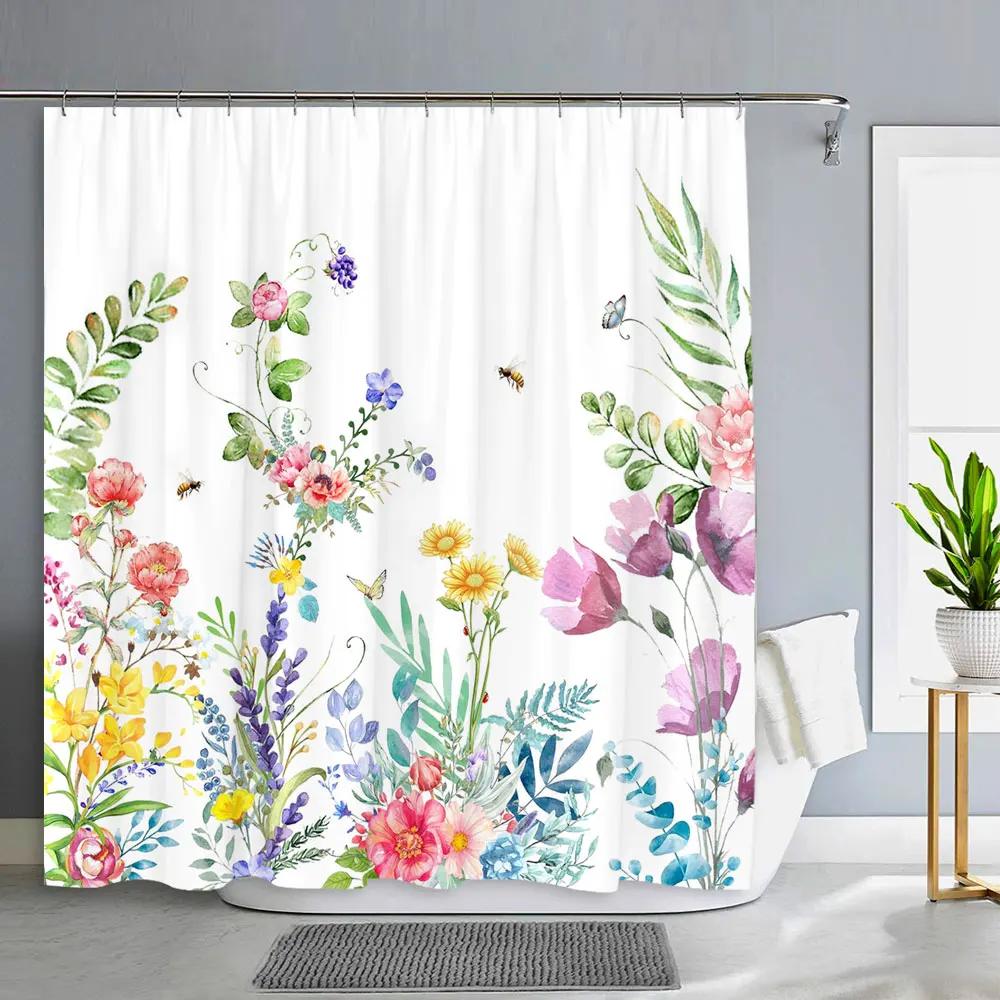 Spring Floral Hummingbird Shower Curtain for Bathroom Watercolor Flower Bird Modern Decor Machine Shower Curtains Bathroom Decor