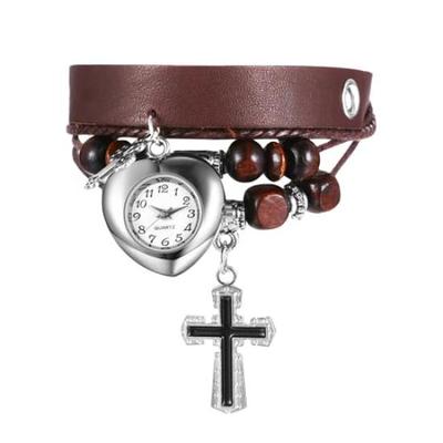 Orologio da Donna con Ciondolo a Forma di Croce e Cuore con Cinturino in Ecopelle: Perline di Legno, Numeri Arabi Stratificati, Display Analogico, Movimento al Quarzo, Impermeabile,
